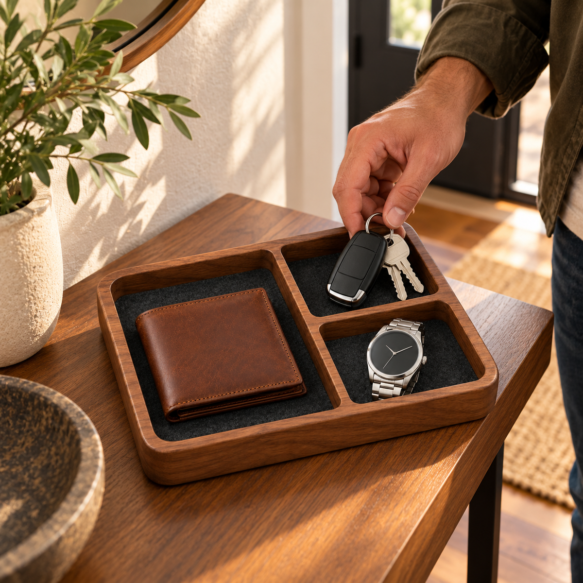🗝️ Everyday Organizer | Wooden Valet Tray | Entryway & Nightstand Storage | Men & Homeowners | Divided Catchall Design