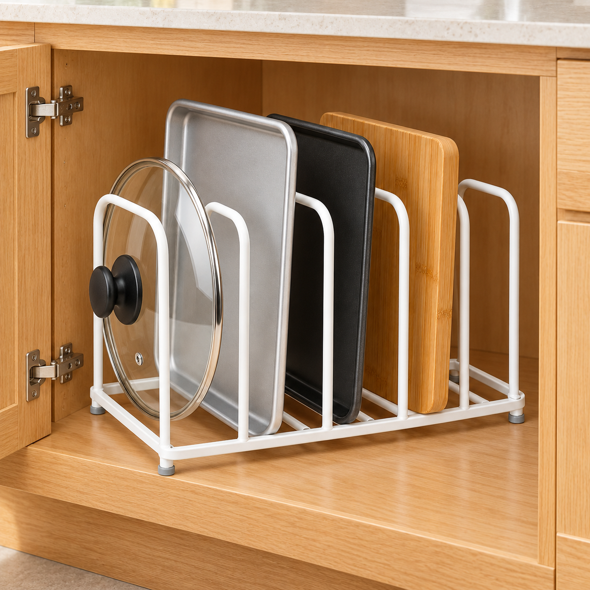 🍳 Kitchen Organizer | Metal Divider Rack | Cabinet & Counter Storage | Home Cooks & Families | Upright Space-Saving Design