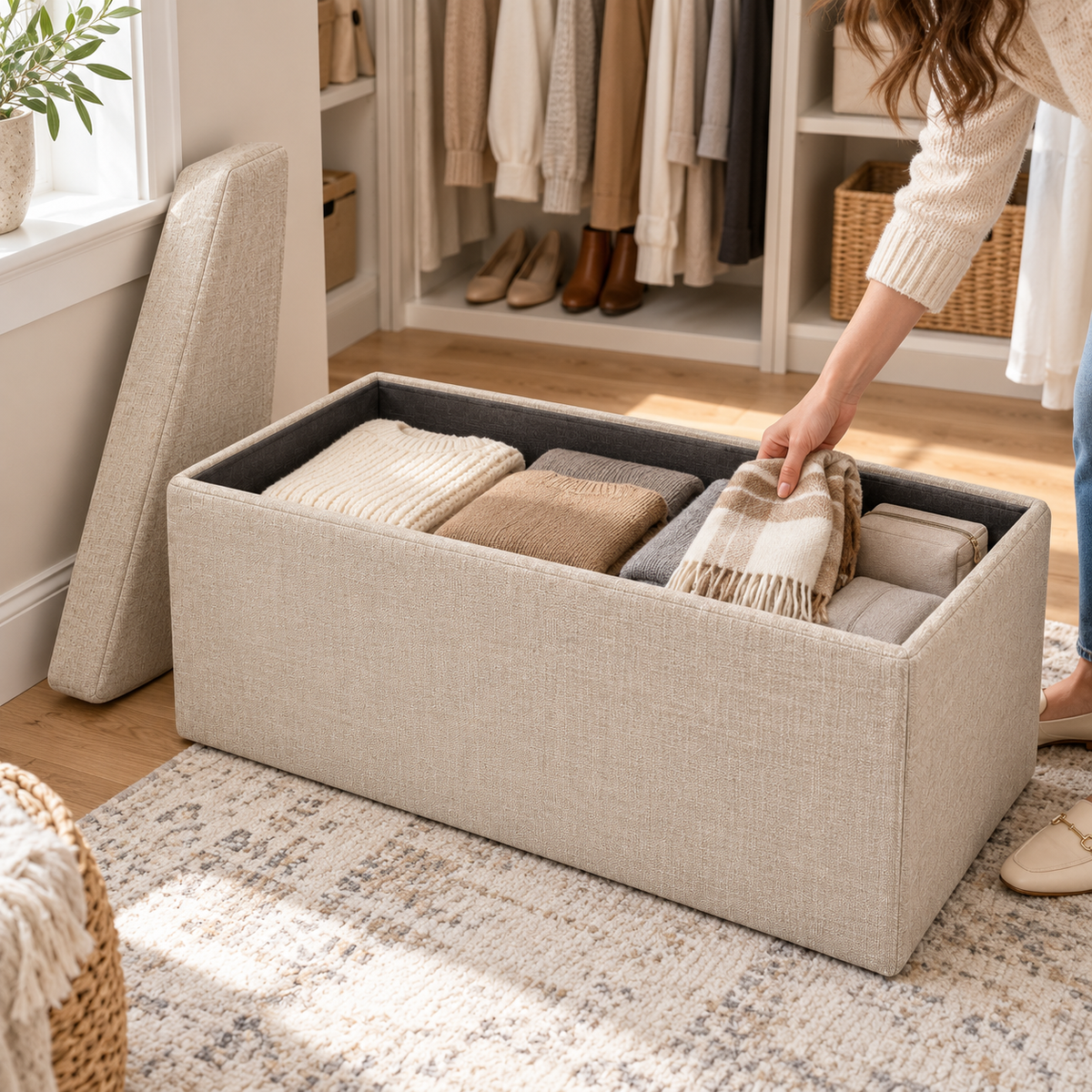 🪑 Storage Ottoman | Linen-Look Foldable Bench | Entryway & Bedroom Seating | Families & New Homeowners | Hidden Spacious Storage