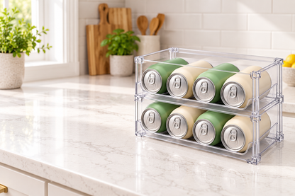 🥤 Fridge Organizer | Clear Stackable Can Rack | Refrigerator & Pantry Storage | Families & Drink Lovers | Two-Tier Easy-View Design