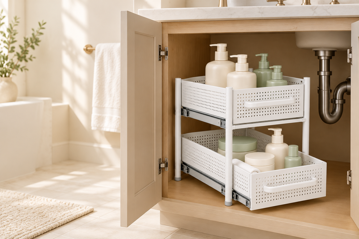 🛁 Bathroom Organizer | Pull-Out Storage Rack | Vanity & Under-Sink Use | Families & Beauty Lovers | Two-Tier Sliding Design