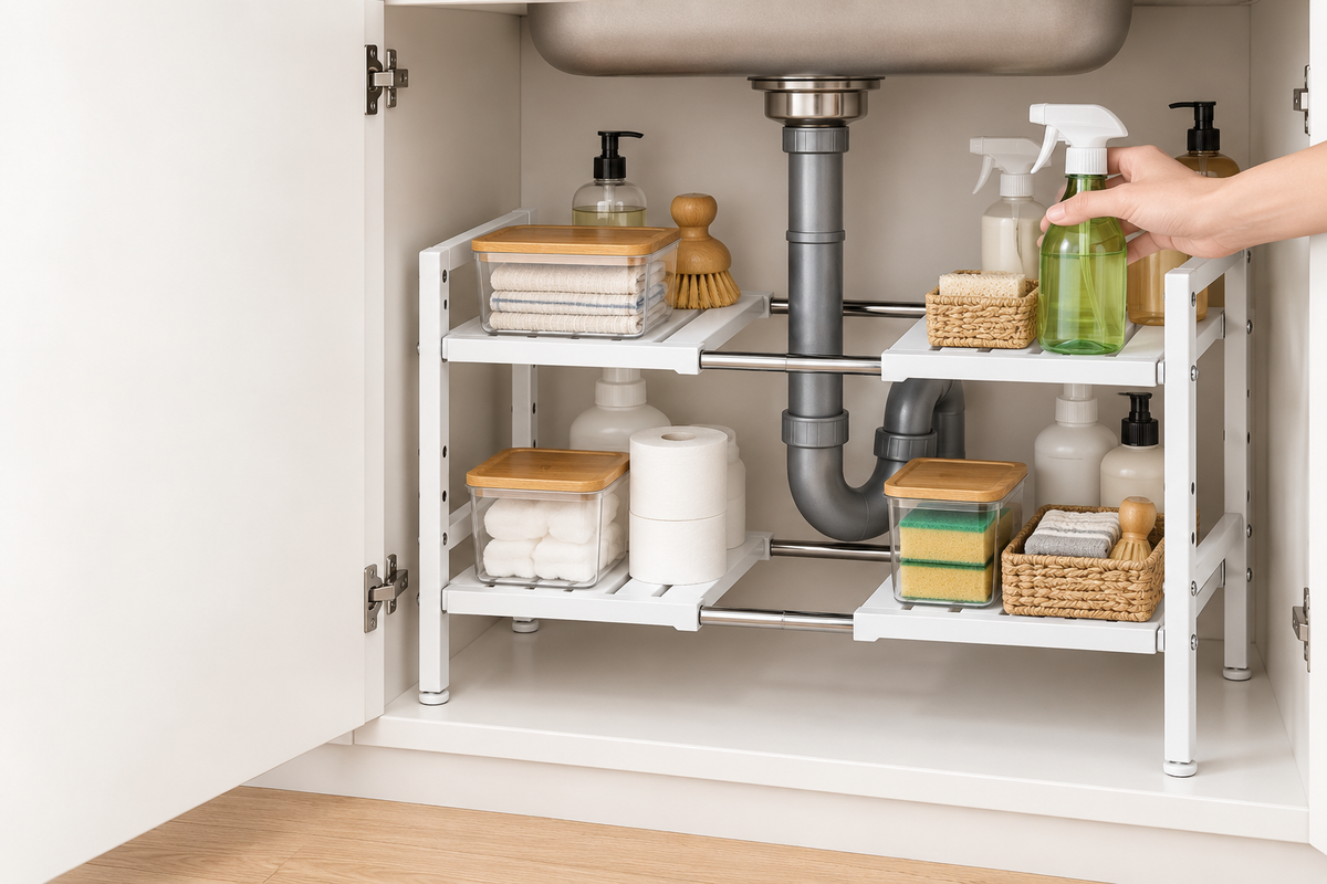 🧺 Space-Saving Organizer | Adjustable Storage Rack | Kitchen & Bathroom Use | Homeowners & Families