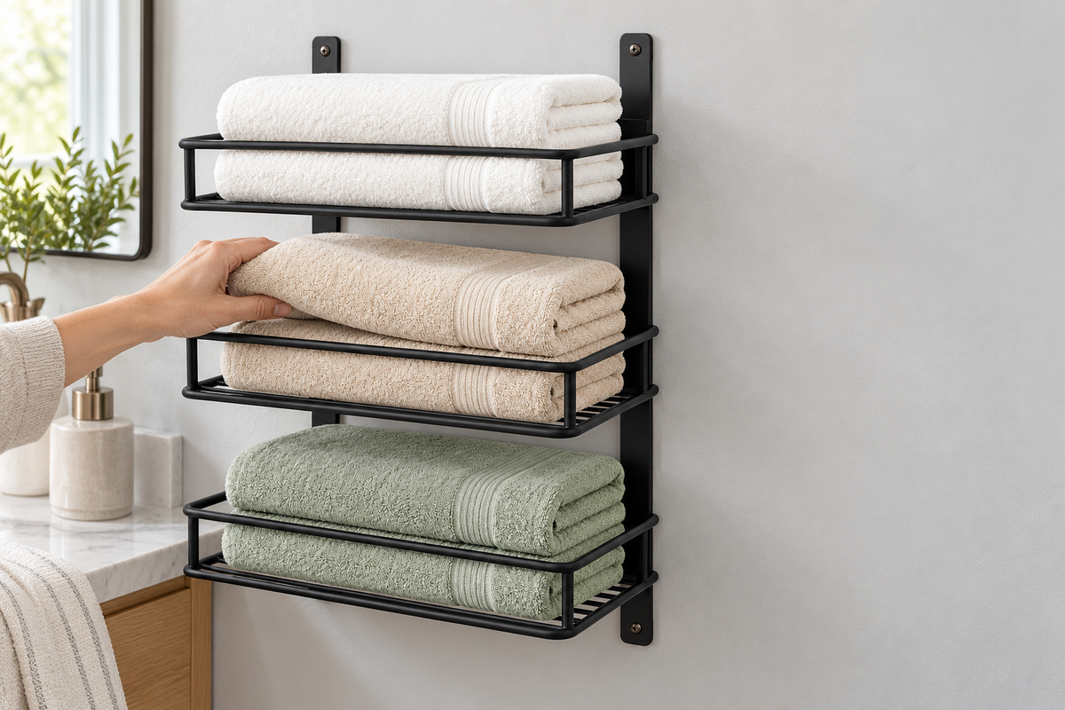 🛁 Towel Storage | Metal Wall-Mounted Rack | Bathroom & Linen Organization | Families & Homeowners | Three-Tier Hotel-Style Display