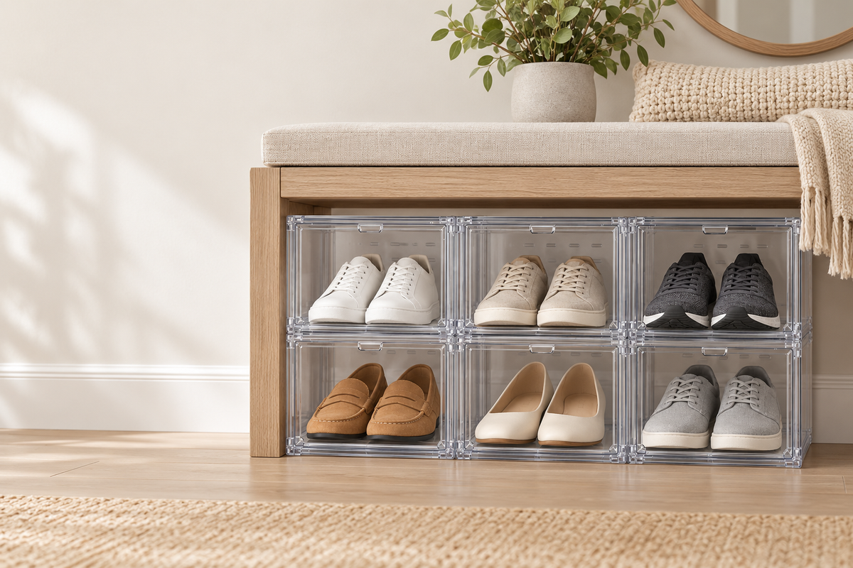 👟 Shoe Organizer | Clear Stackable Boxes | Closet & Entryway Storage | Sneaker Lovers & Families | Drop-Front Display Design