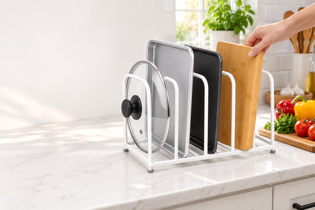 🍳 Kitchen Organizer | Metal Divider Rack | Cabinet & Counter Storage | Home Cooks & Families | Upright Space-Saving Design