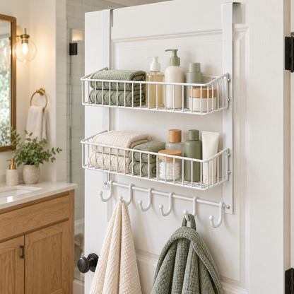 🚪 Door Organizer | Metal Storage Rack | Bathroom & Pantry Storage | Families & Renters | Two-Tier Basket & Hook Design