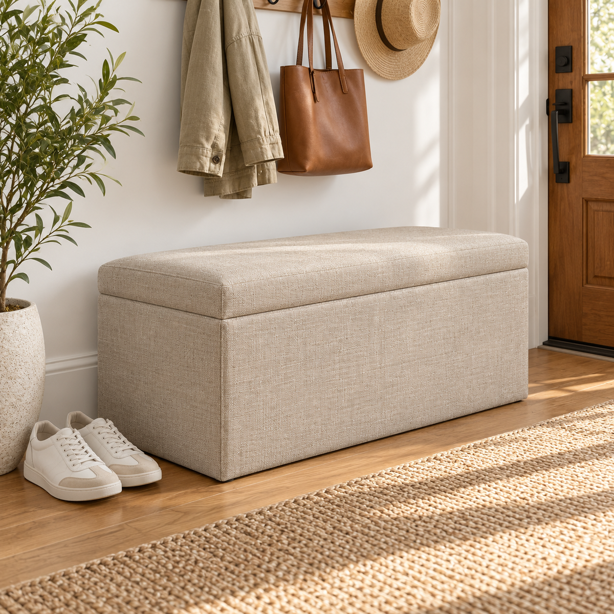 🪑 Storage Ottoman | Linen-Look Foldable Bench | Entryway & Bedroom Seating | Families & New Homeowners | Hidden Spacious Storage