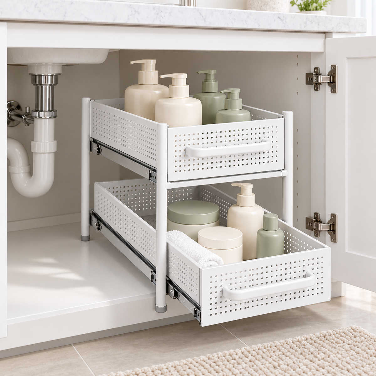 🛁 Bathroom Organizer | Pull-Out Storage Rack | Vanity & Under-Sink Use | Families & Beauty Lovers | Two-Tier Sliding Design