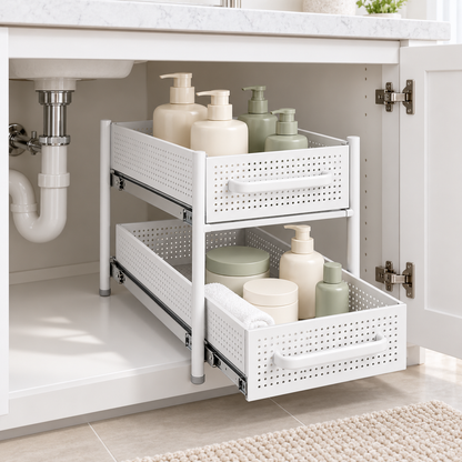 🛁 Bathroom Organizer | Pull-Out Storage Rack | Vanity & Under-Sink Use | Families & Beauty Lovers | Two-Tier Sliding Design