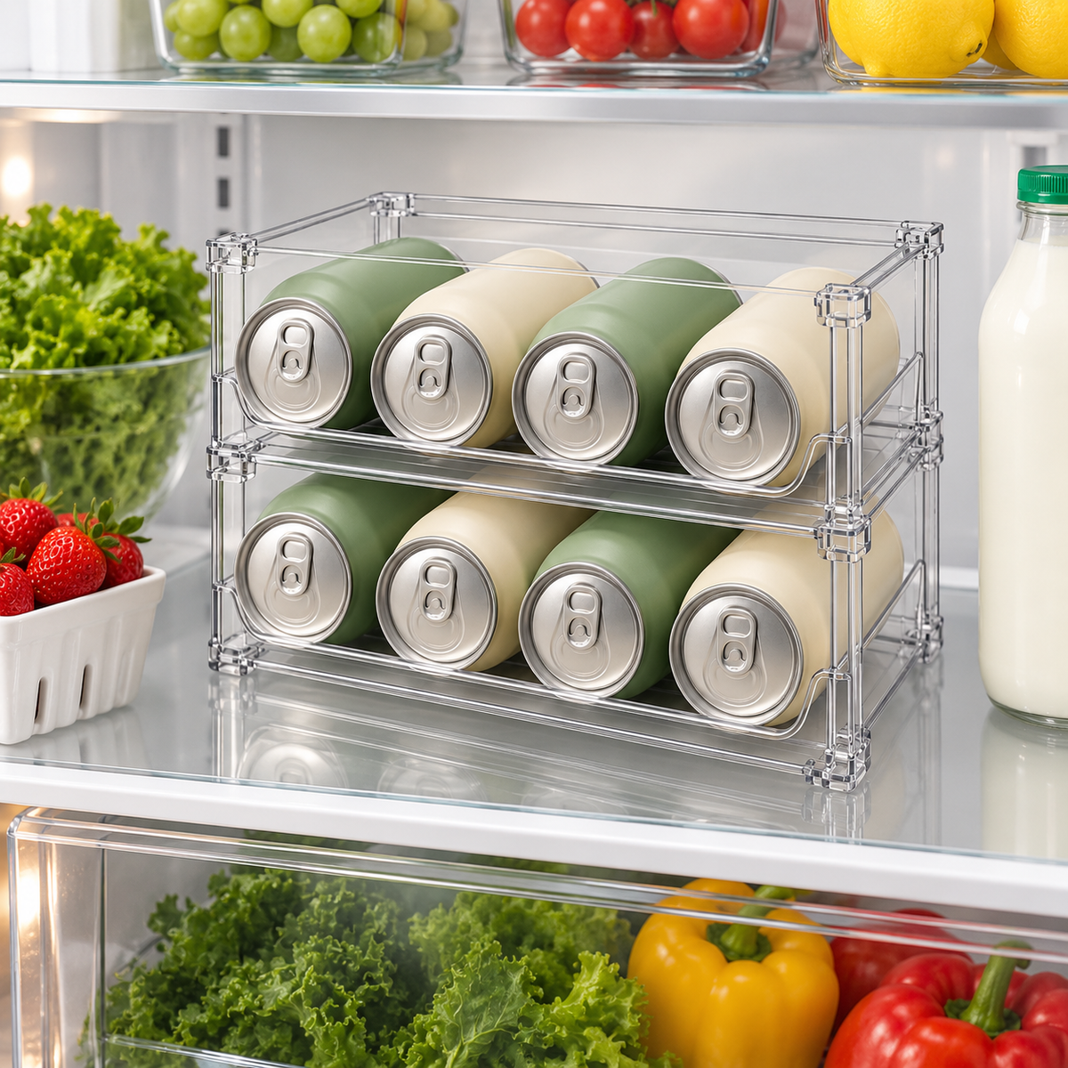 🥤 Fridge Organizer | Clear Stackable Can Rack | Refrigerator & Pantry Storage | Families & Drink Lovers | Two-Tier Easy-View Design
