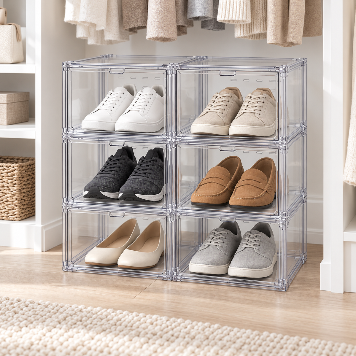 👟 Shoe Organizer | Clear Stackable Boxes | Closet & Entryway Storage | Sneaker Lovers & Families | Drop-Front Display Design