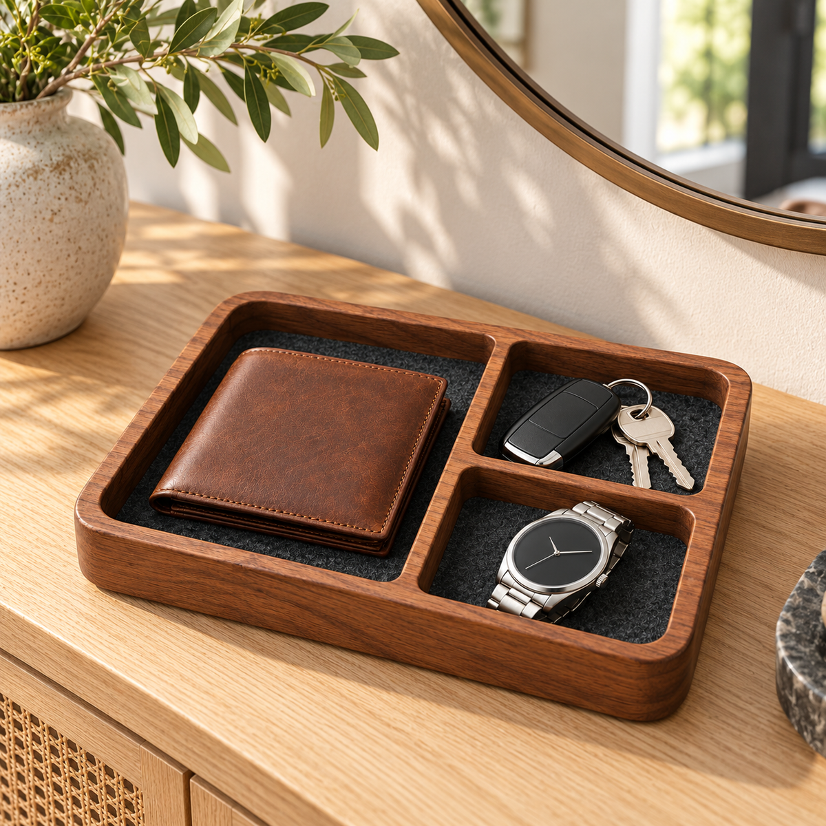 🗝️ Everyday Organizer | Wooden Valet Tray | Entryway & Nightstand Storage | Men & Homeowners | Divided Catchall Design
