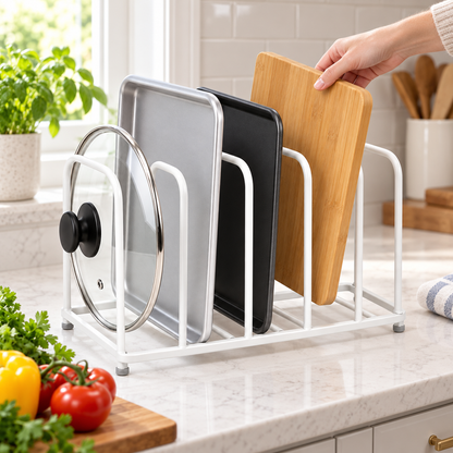 🍳 Kitchen Organizer | Metal Divider Rack | Cabinet & Counter Storage | Home Cooks & Families | Upright Space-Saving Design