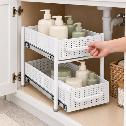 🛁 Bathroom Organizer | Pull-Out Storage Rack | Vanity & Under-Sink Use | Families & Beauty Lovers | Two-Tier Sliding Design