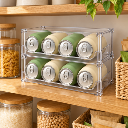 🥤 Fridge Organizer | Clear Stackable Can Rack | Refrigerator & Pantry Storage | Families & Drink Lovers | Two-Tier Easy-View Design