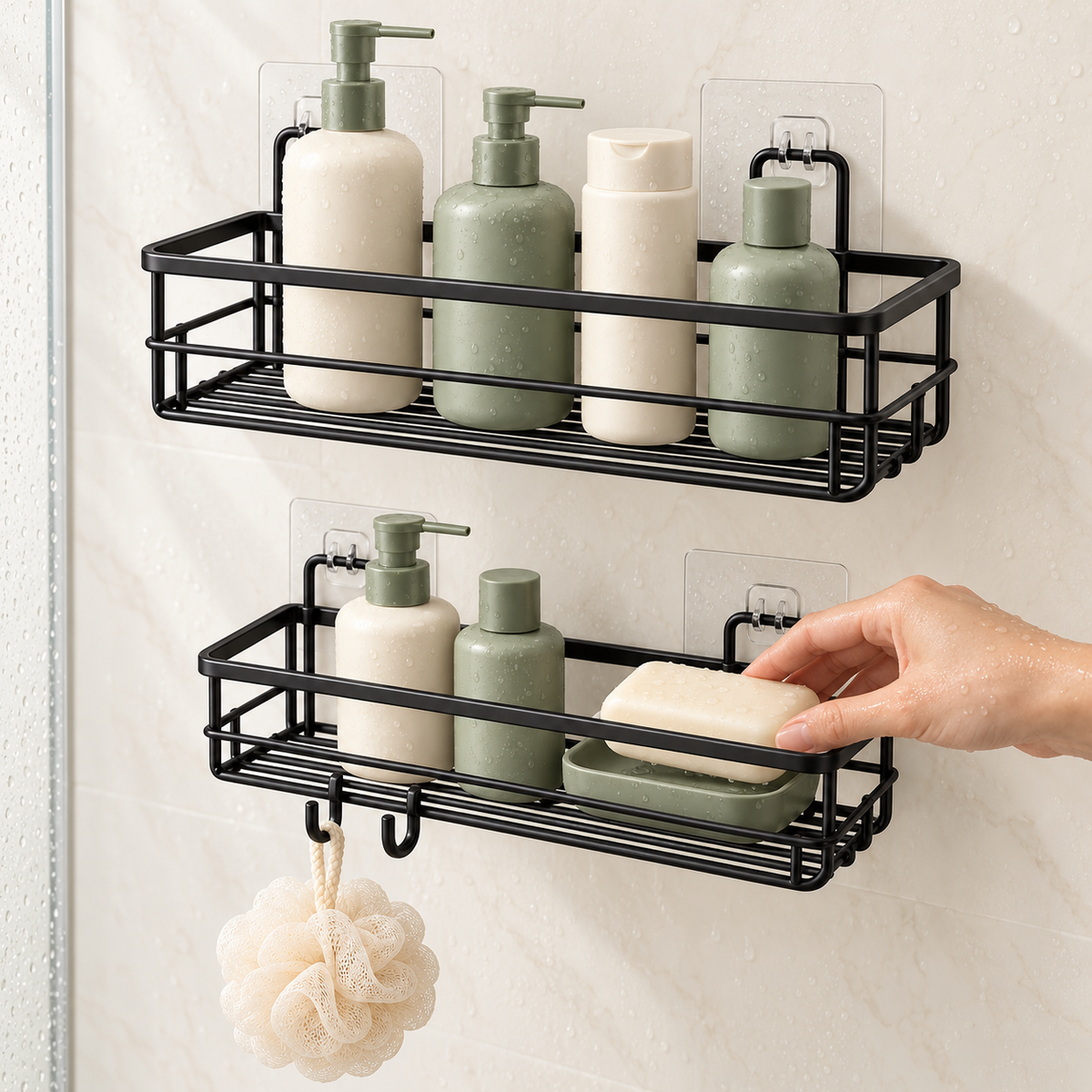 🚿 Shower Organizer | No-Drill Wall Caddy Set | Bathroom & Shower Storage | Families & Renters | Two-Tier Hanging Design