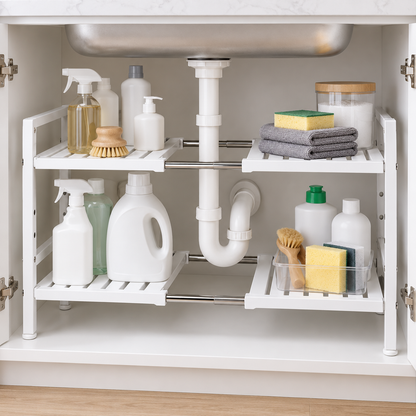 🧺 Space-Saving Organizer | Adjustable Storage Rack | Kitchen & Bathroom Use | Homeowners & Families