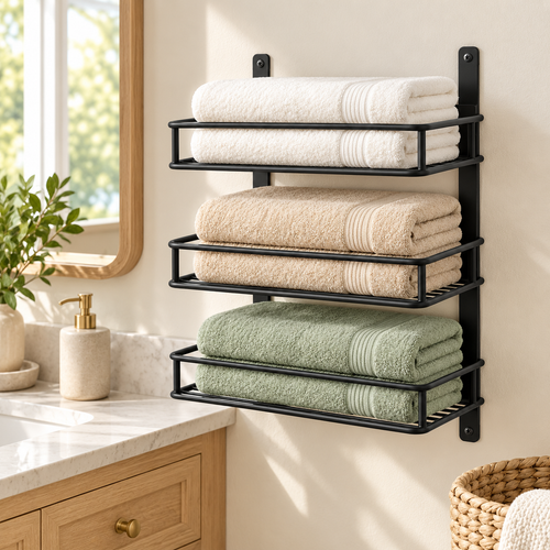 🛁 Towel Storage | Metal Wall-Mounted Rack | Bathroom & Linen Organization | Families & Homeowners | Three-Tier Hotel-Style Display