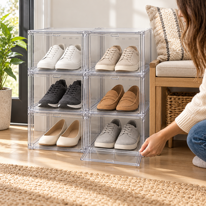 👟 Shoe Organizer | Clear Stackable Boxes | Closet & Entryway Storage | Sneaker Lovers & Families | Drop-Front Display Design