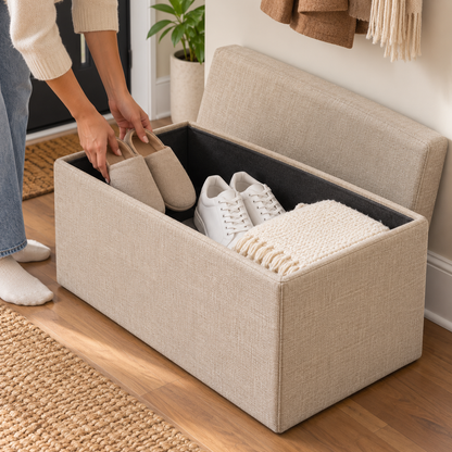🪑 Storage Ottoman | Linen-Look Foldable Bench | Entryway & Bedroom Seating | Families & New Homeowners | Hidden Spacious Storage