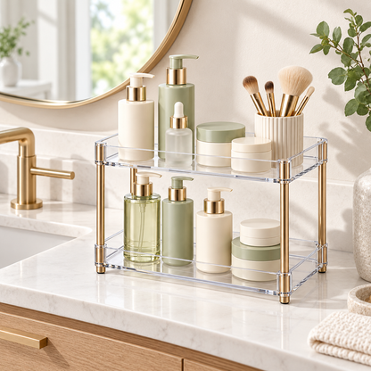 ✨ Vanity Organizer | Clear Two-Tier Storage Rack | Bathroom & Dressing Table | Beauty Lovers & Homeowners | Elegant Open Display