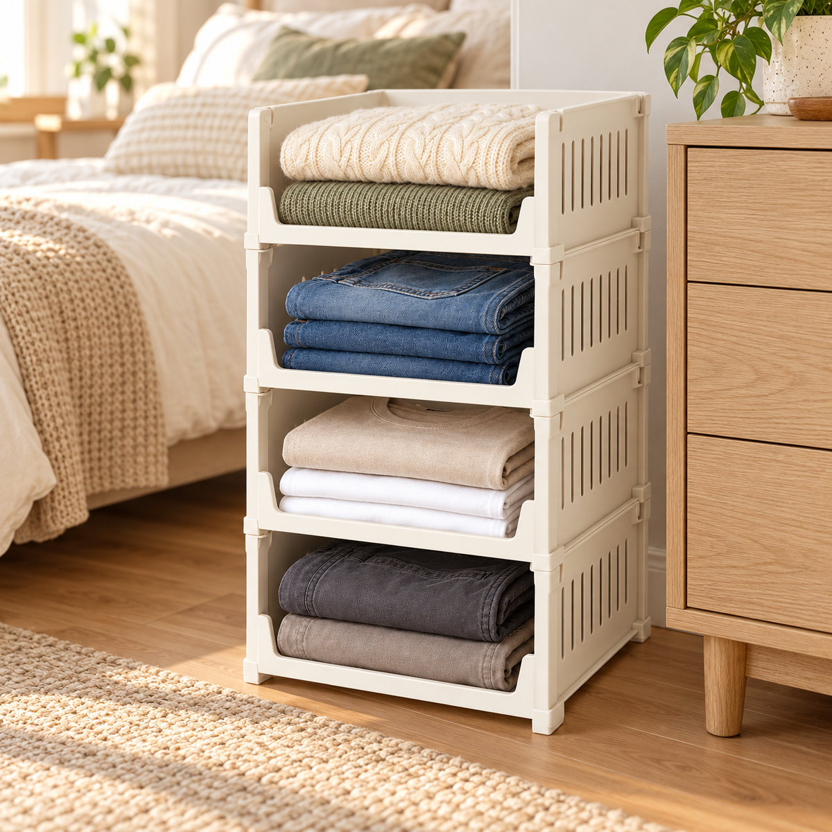 🧺 Closet Organizer | Stackable Storage Bins | Wardrobe & Bedroom Storage | Families & Homeowners | Open-Front Four-Tier Design