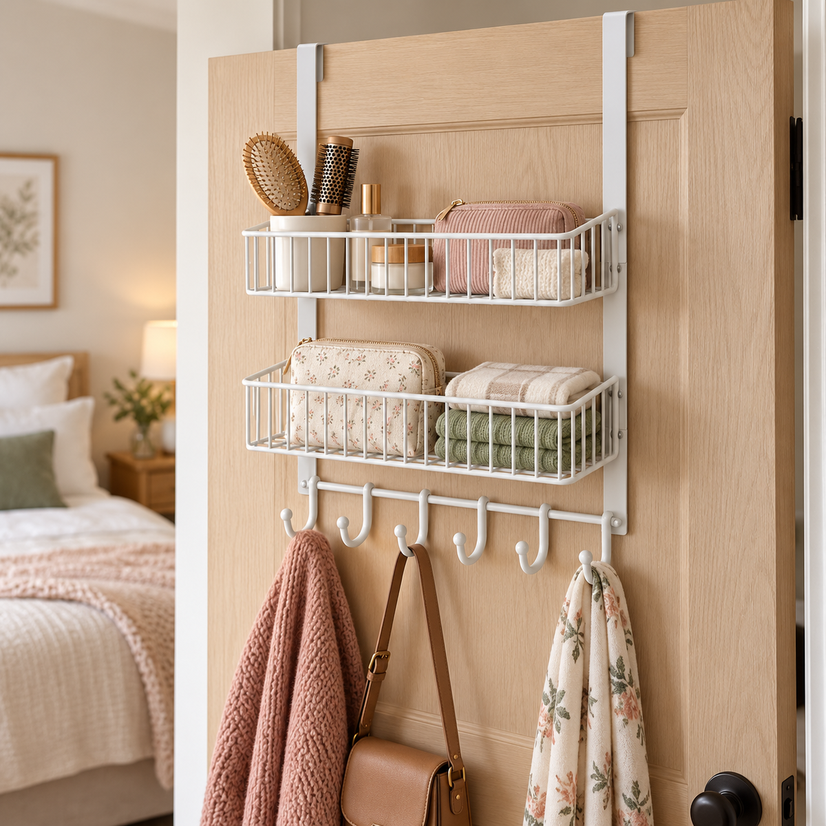 🚪 Door Organizer | Metal Storage Rack | Bathroom & Pantry Storage | Families & Renters | Two-Tier Basket & Hook Design