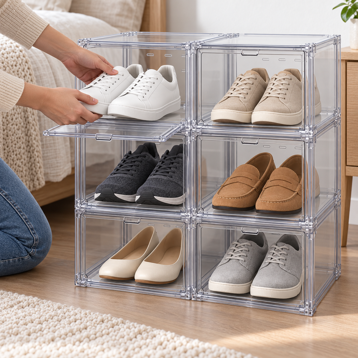 👟 Shoe Organizer | Clear Stackable Boxes | Closet & Entryway Storage | Sneaker Lovers & Families | Drop-Front Display Design