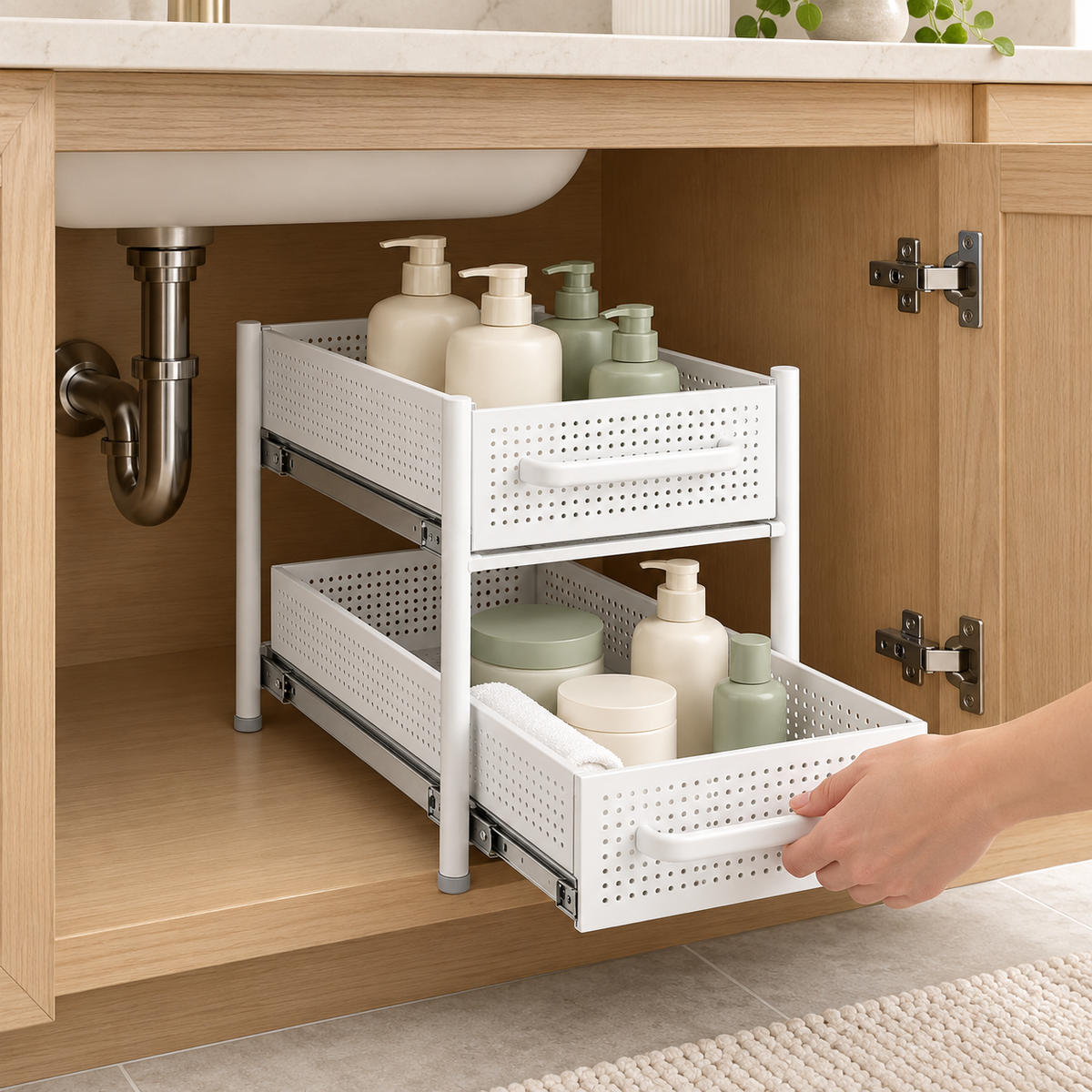 🛁 Bathroom Organizer | Pull-Out Storage Rack | Vanity & Under-Sink Use | Families & Beauty Lovers | Two-Tier Sliding Design