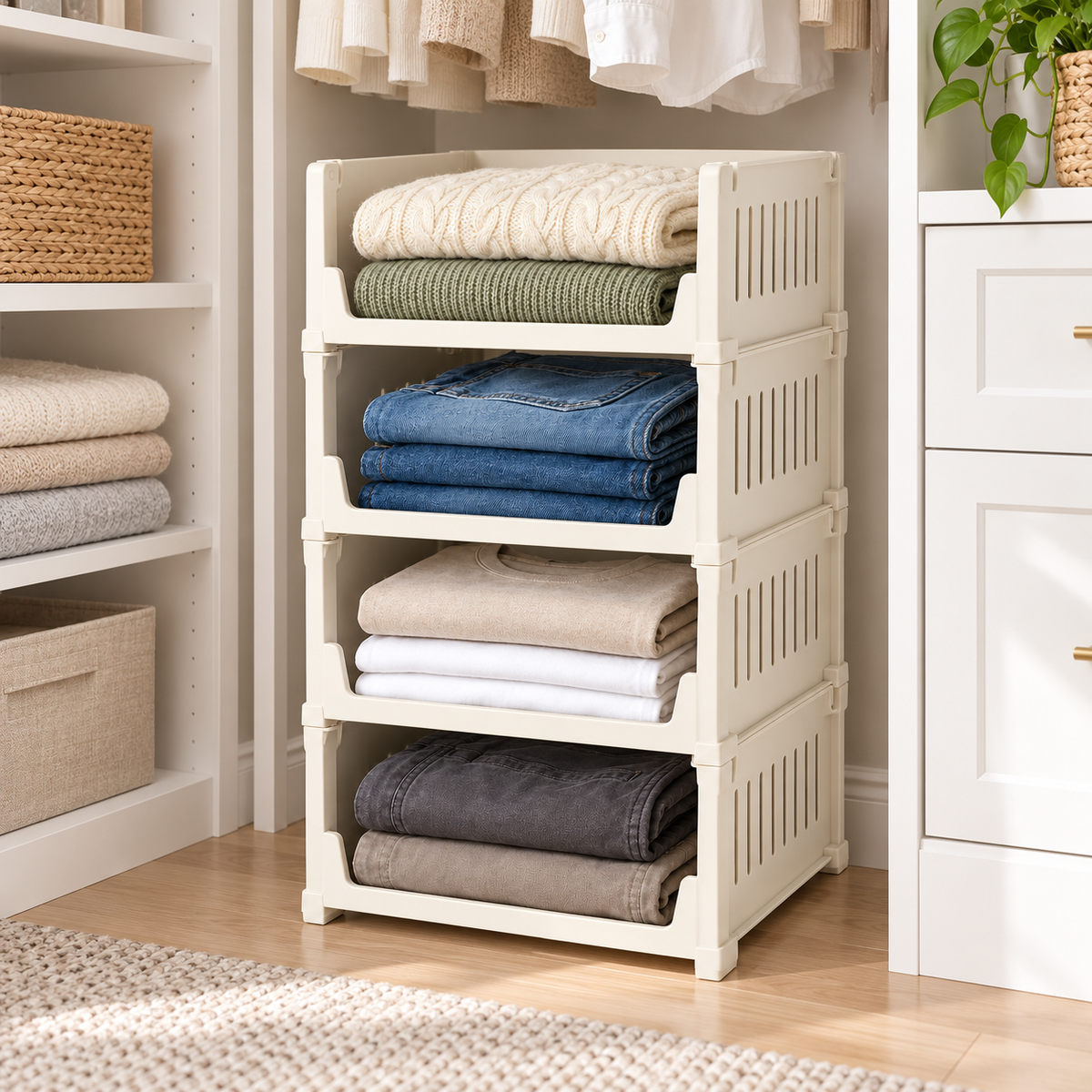 🧺 Closet Organizer | Stackable Storage Bins | Wardrobe & Bedroom Storage | Families & Homeowners | Open-Front Four-Tier Design