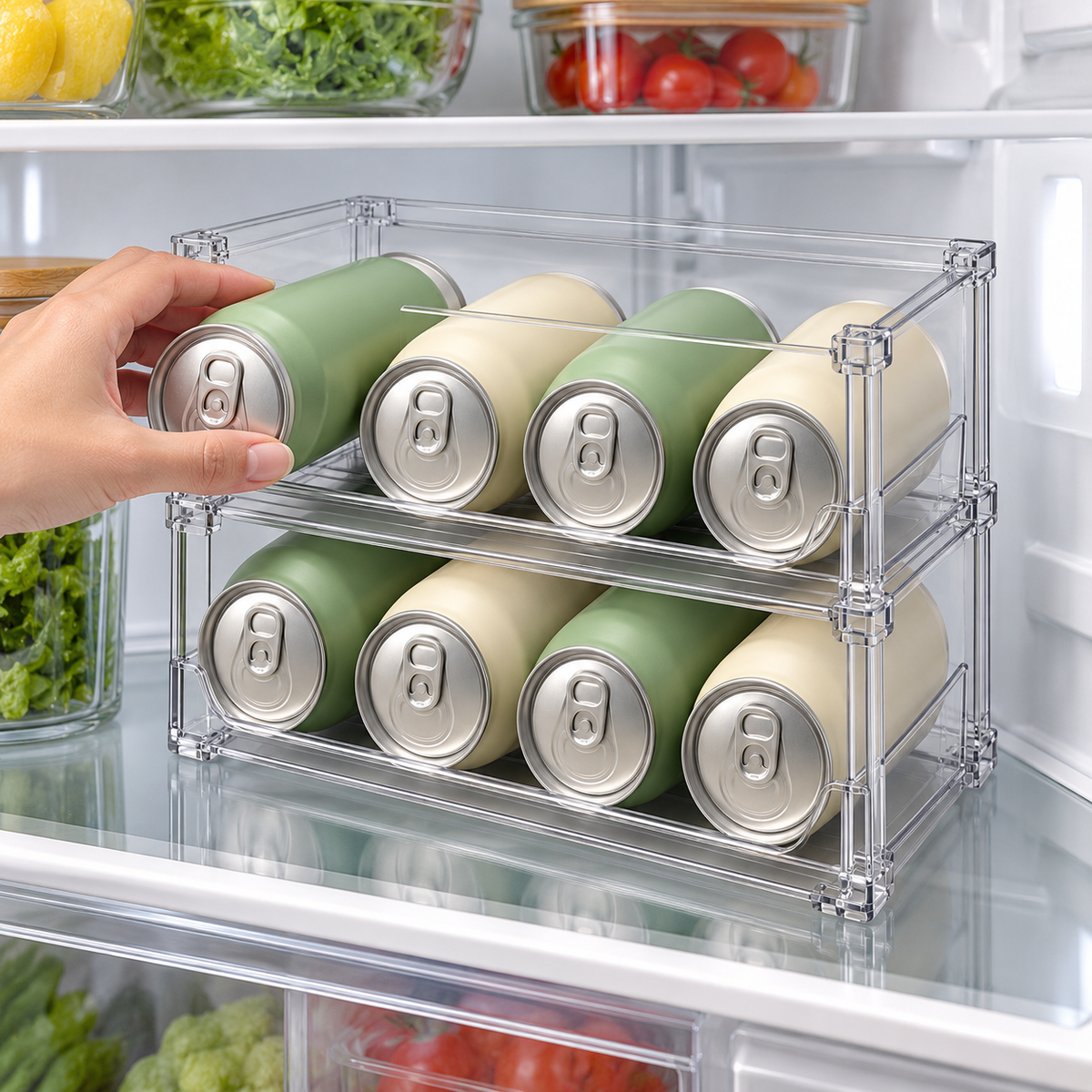 🥤 Fridge Organizer | Clear Stackable Can Rack | Refrigerator & Pantry Storage | Families & Drink Lovers | Two-Tier Easy-View Design