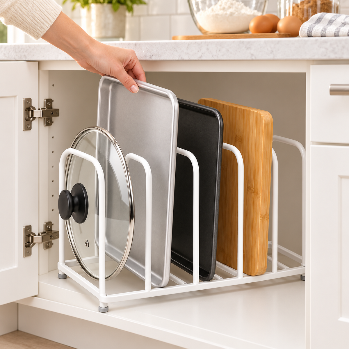 🍳 Kitchen Organizer | Metal Divider Rack | Cabinet & Counter Storage | Home Cooks & Families | Upright Space-Saving Design