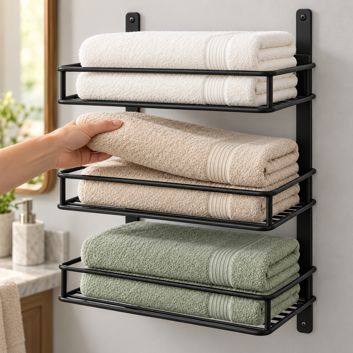 🛁 Towel Storage | Metal Wall-Mounted Rack | Bathroom & Linen Organization | Families & Homeowners | Three-Tier Hotel-Style Display