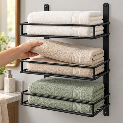 🛁 Towel Storage | Metal Wall-Mounted Rack | Bathroom & Linen Organization | Families & Homeowners | Three-Tier Hotel-Style Display