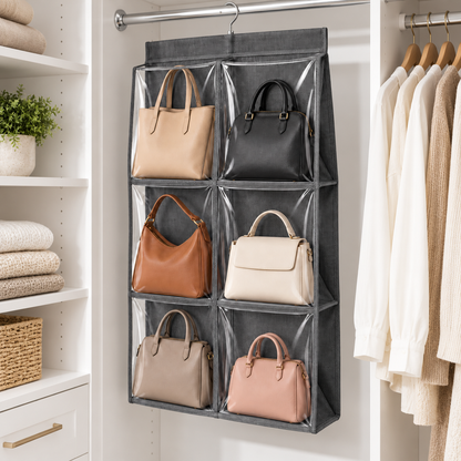 👜 Handbag Organizer | Clear Hanging Storage | Closet & Wardrobe Display | Bag Lovers & Fashionistas | Six-Pocket Space-Saving Design
