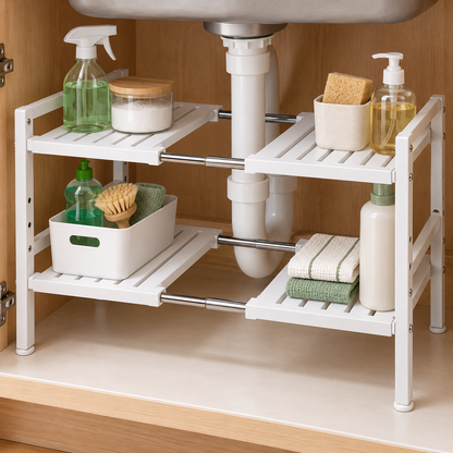 🧺 Space-Saving Organizer | Adjustable Storage Rack | Kitchen & Bathroom Use | Homeowners & Families