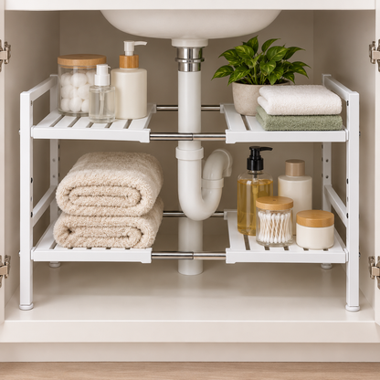 🧺 Space-Saving Organizer | Adjustable Storage Rack | Kitchen & Bathroom Use | Homeowners & Families