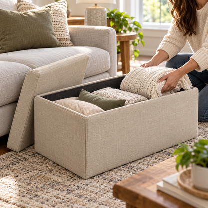 🪑 Storage Ottoman | Linen-Look Foldable Bench | Entryway & Bedroom Seating | Families & New Homeowners | Hidden Spacious Storage