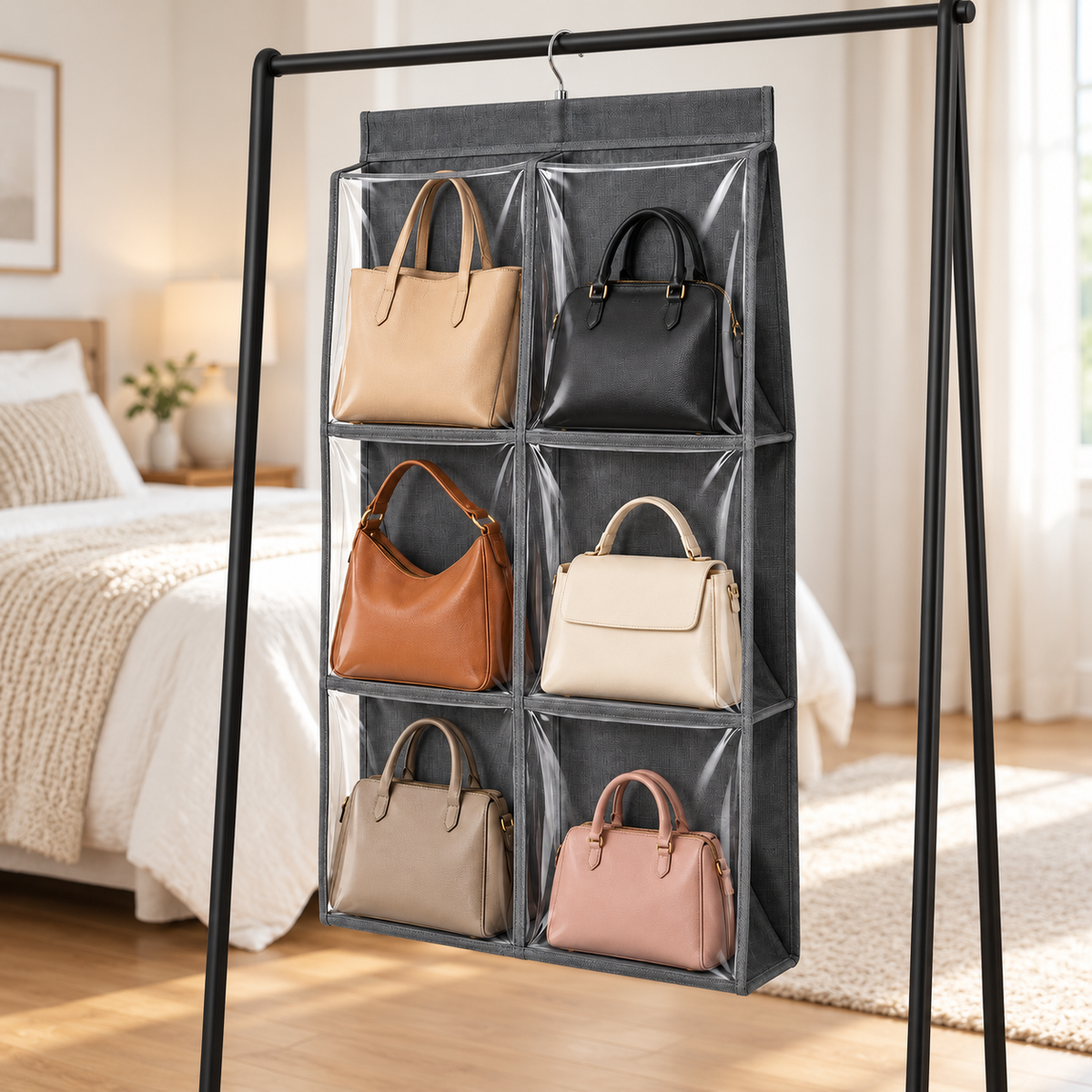👜 Handbag Organizer | Clear Hanging Storage | Closet & Wardrobe Display | Bag Lovers & Fashionistas | Six-Pocket Space-Saving Design