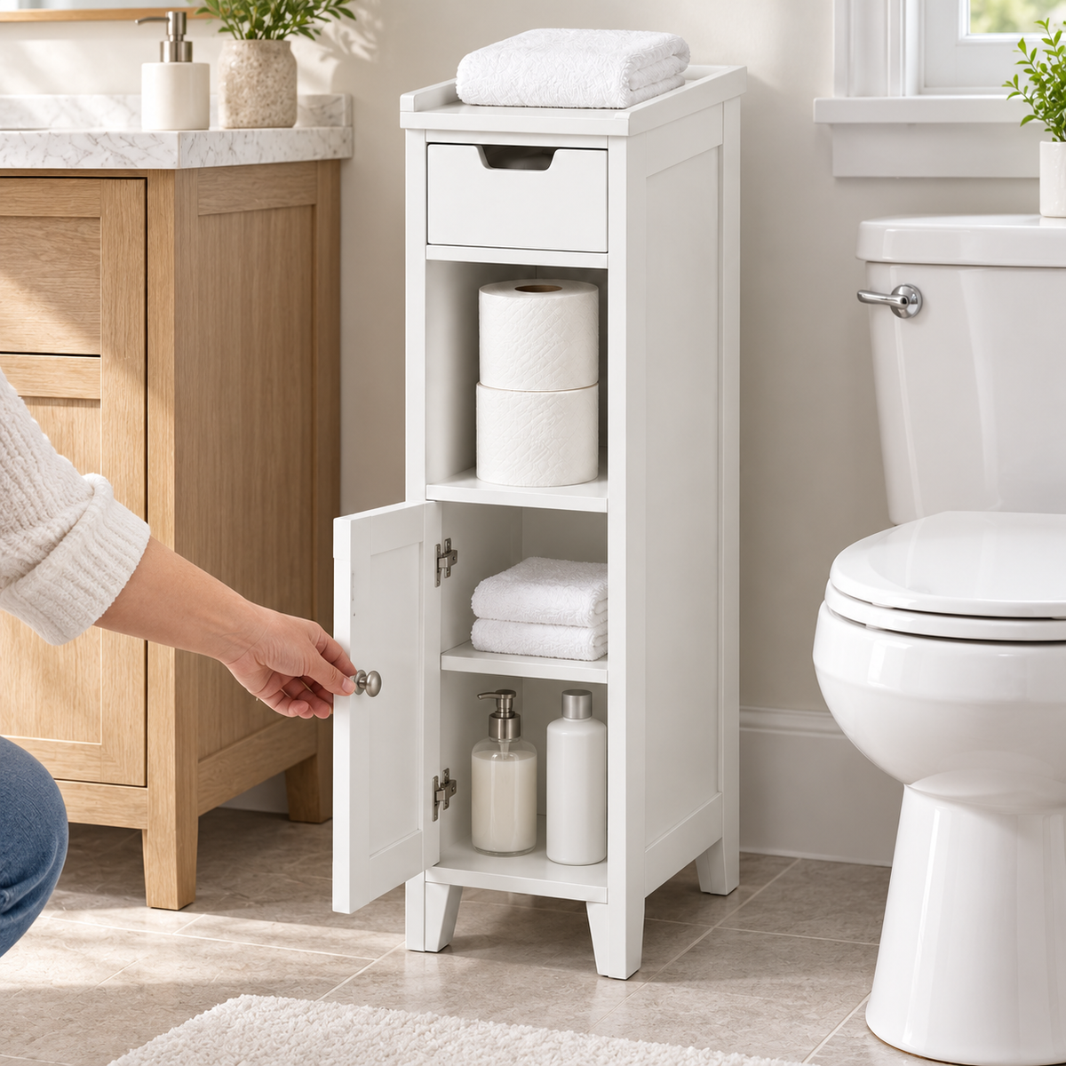 🧻 Bathroom Storage | Slim Freestanding Cabinet | Toilet & Small-Space Organization | Homeowners & Renters | Narrow Multi-Level Design