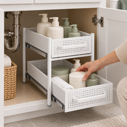 🛁 Bathroom Organizer | Pull-Out Storage Rack | Vanity & Under-Sink Use | Families & Beauty Lovers | Two-Tier Sliding Design