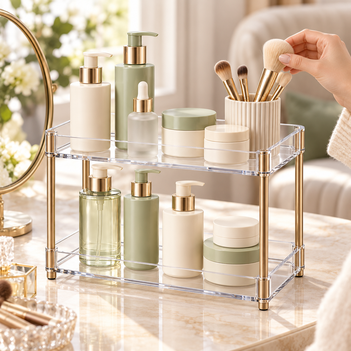 ✨ Vanity Organizer | Clear Two-Tier Storage Rack | Bathroom & Dressing Table | Beauty Lovers & Homeowners | Elegant Open Display