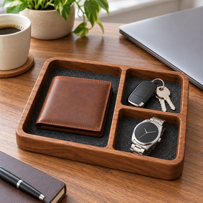 🗝️ Everyday Organizer | Wooden Valet Tray | Entryway & Nightstand Storage | Men & Homeowners | Divided Catchall Design