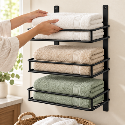 🛁 Towel Storage | Metal Wall-Mounted Rack | Bathroom & Linen Organization | Families & Homeowners | Three-Tier Hotel-Style Display