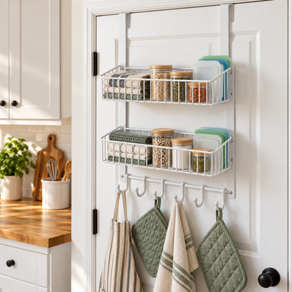 🚪 Door Organizer | Metal Storage Rack | Bathroom & Pantry Storage | Families & Renters | Two-Tier Basket & Hook Design