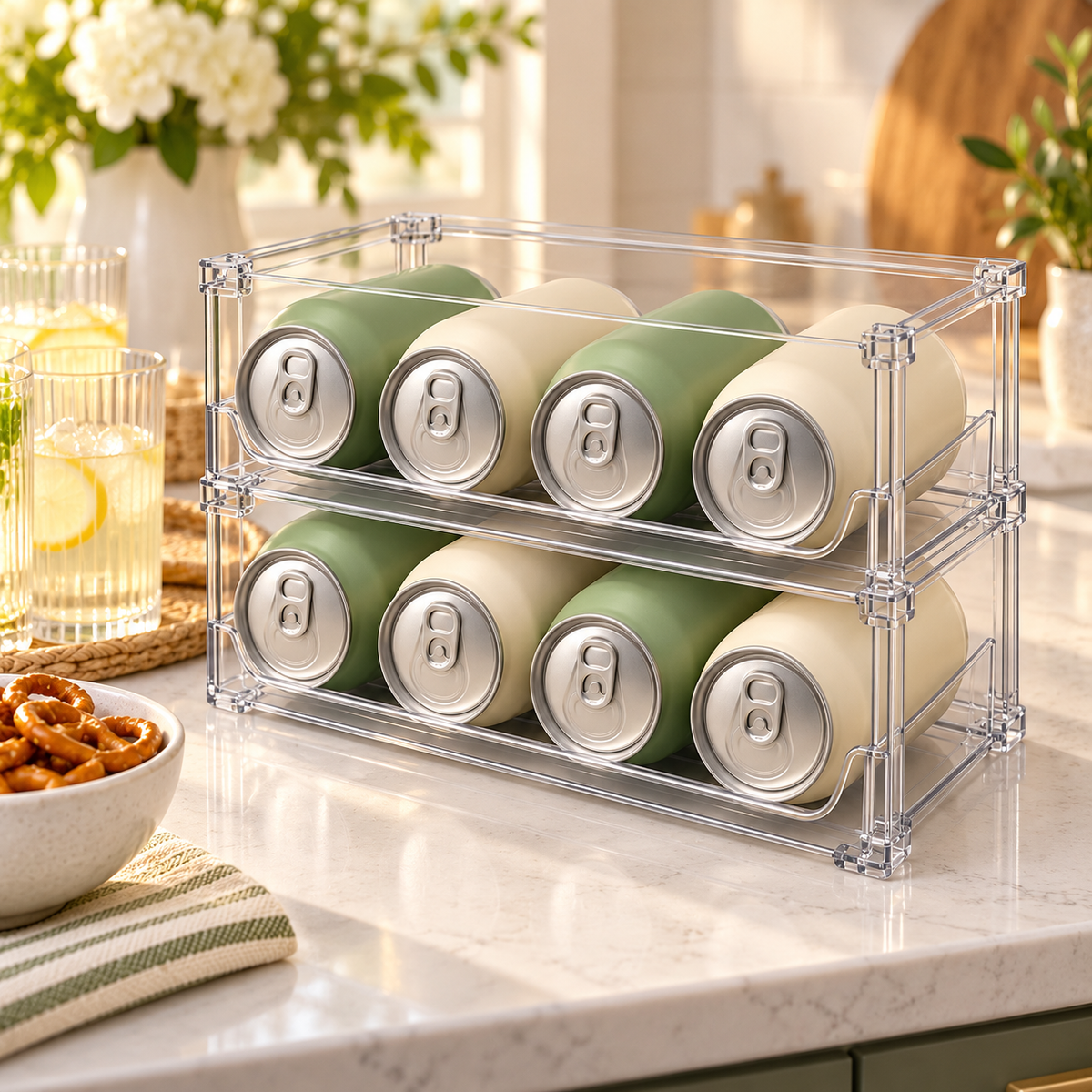 🥤 Fridge Organizer | Clear Stackable Can Rack | Refrigerator & Pantry Storage | Families & Drink Lovers | Two-Tier Easy-View Design