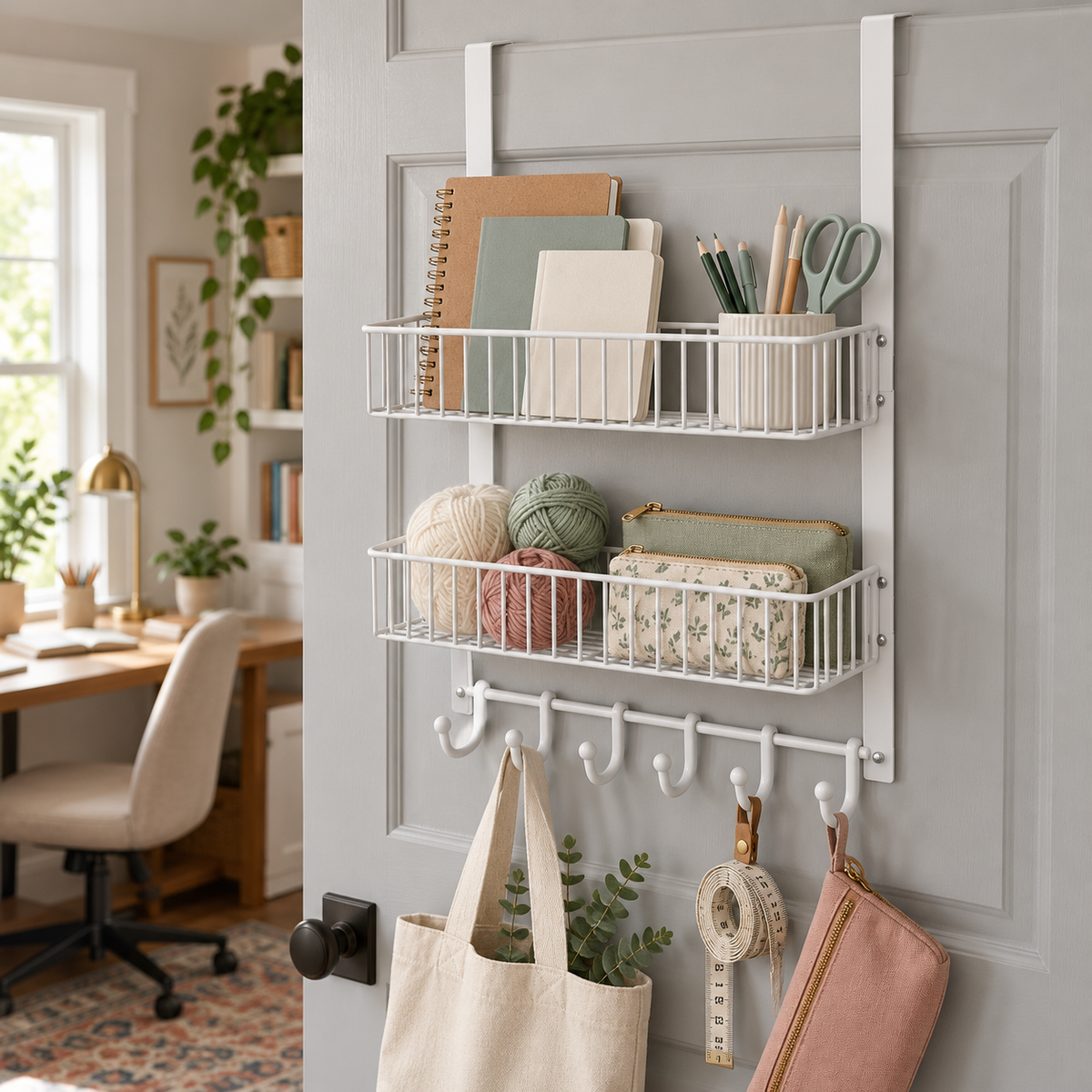 🚪 Door Organizer | Metal Storage Rack | Bathroom & Pantry Storage | Families & Renters | Two-Tier Basket & Hook Design