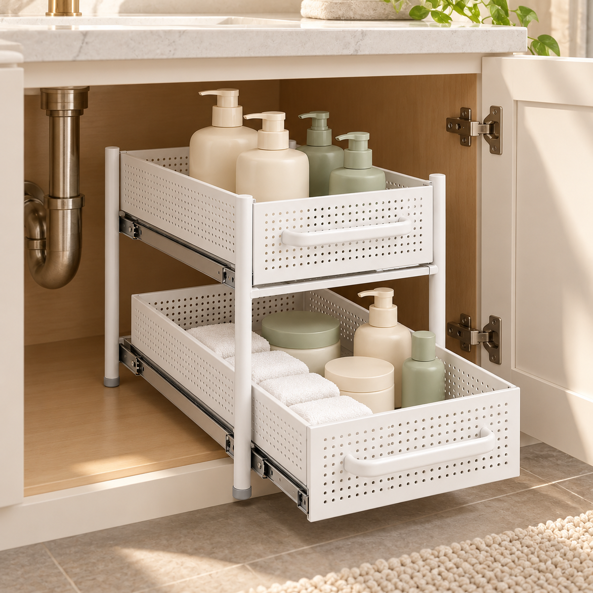 🛁 Bathroom Organizer | Pull-Out Storage Rack | Vanity & Under-Sink Use | Families & Beauty Lovers | Two-Tier Sliding Design