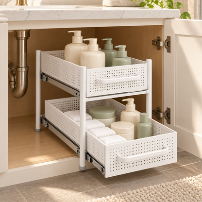 🛁 Bathroom Organizer | Pull-Out Storage Rack | Vanity & Under-Sink Use | Families & Beauty Lovers | Two-Tier Sliding Design