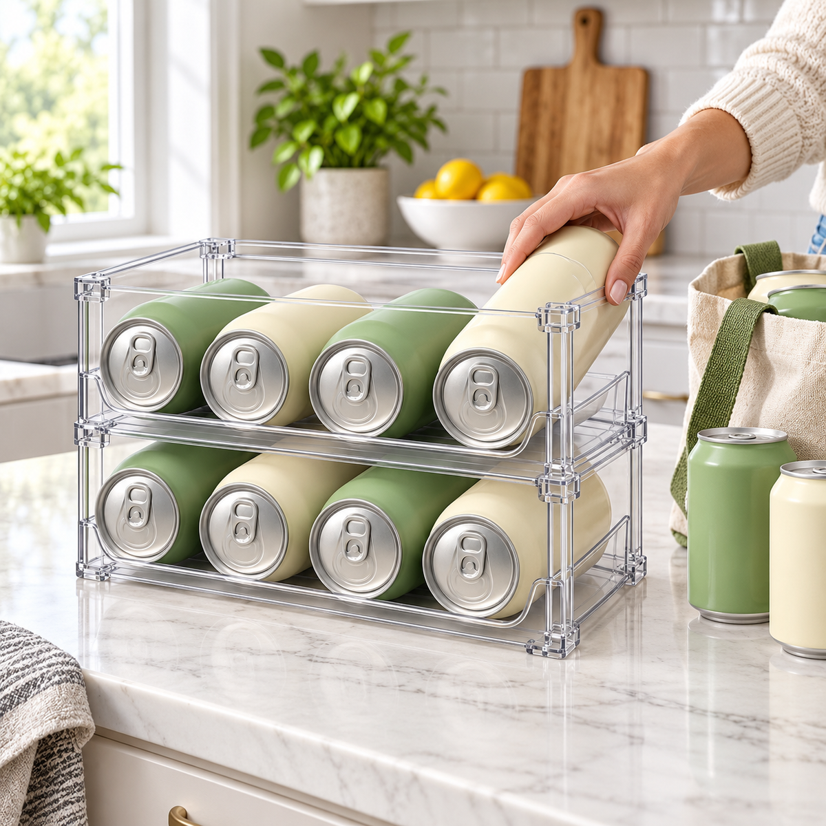 🥤 Fridge Organizer | Clear Stackable Can Rack | Refrigerator & Pantry Storage | Families & Drink Lovers | Two-Tier Easy-View Design